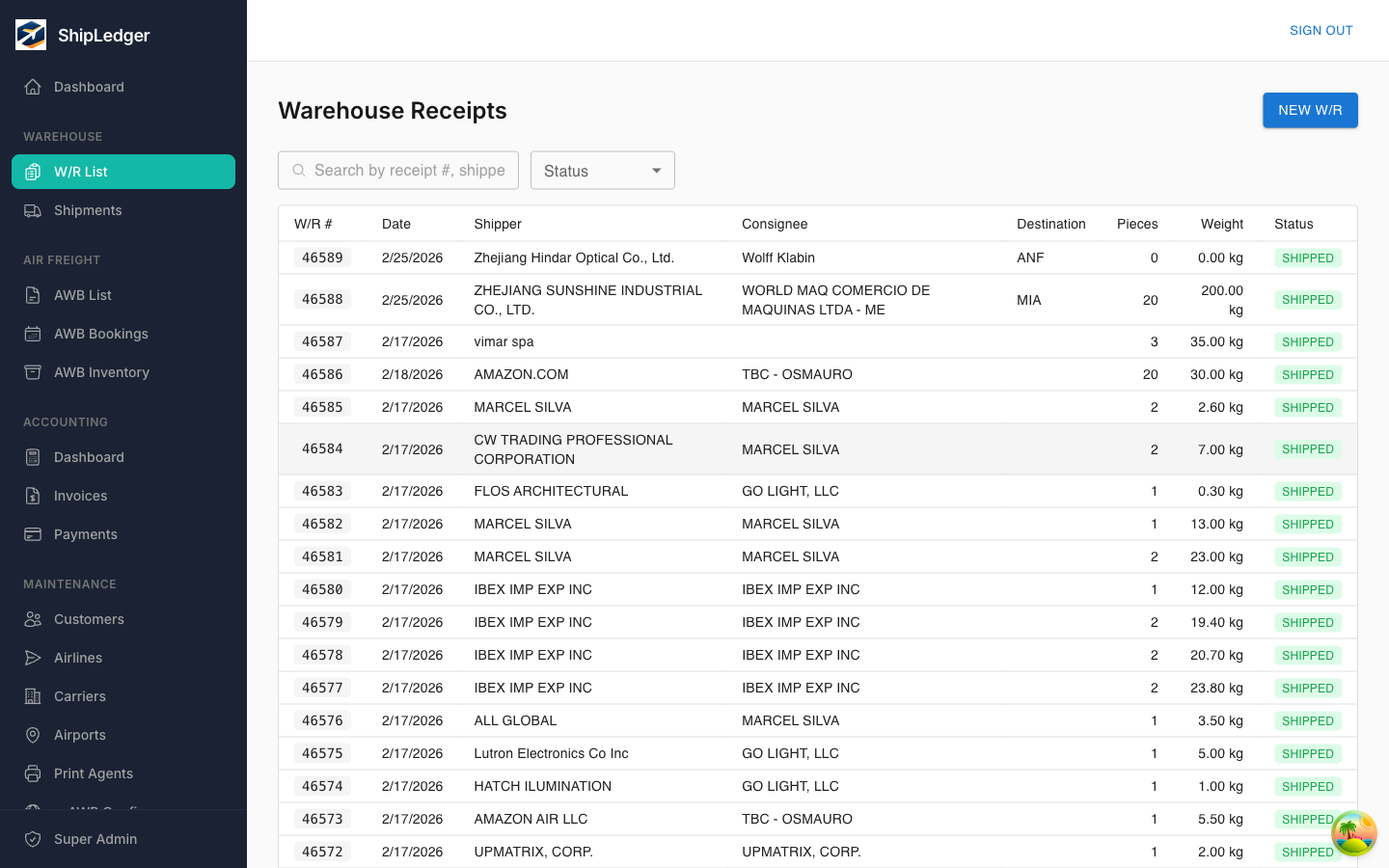ShipLedger Warehouse Receipts
