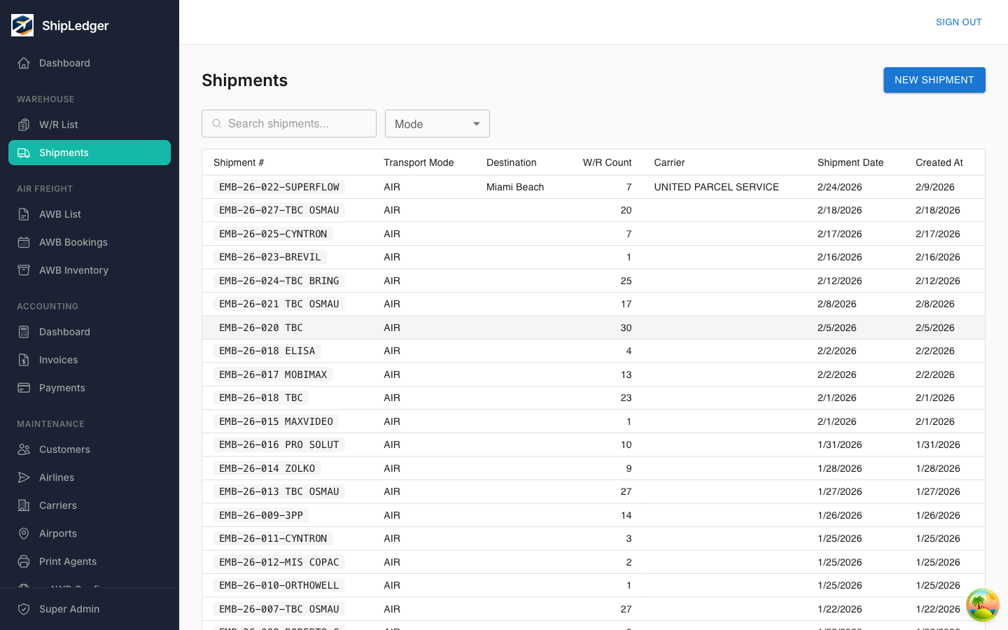 ShipLedger Shipment List