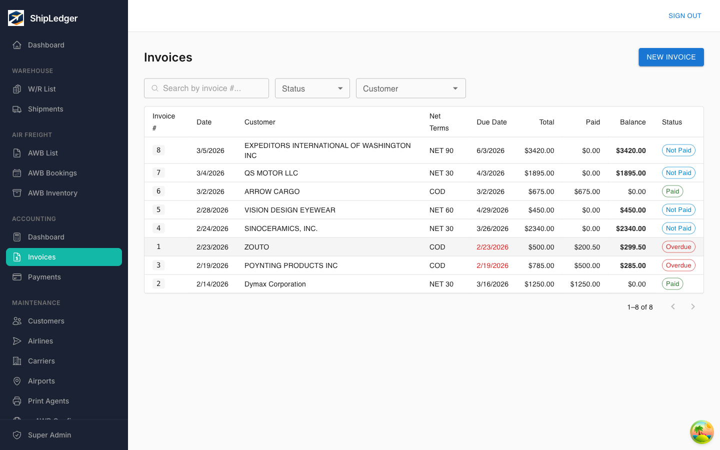 ShipLedger Invoice List