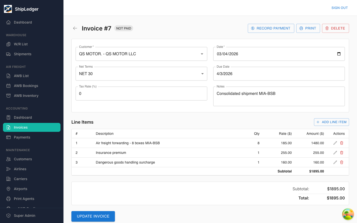 ShipLedger Invoice Detail